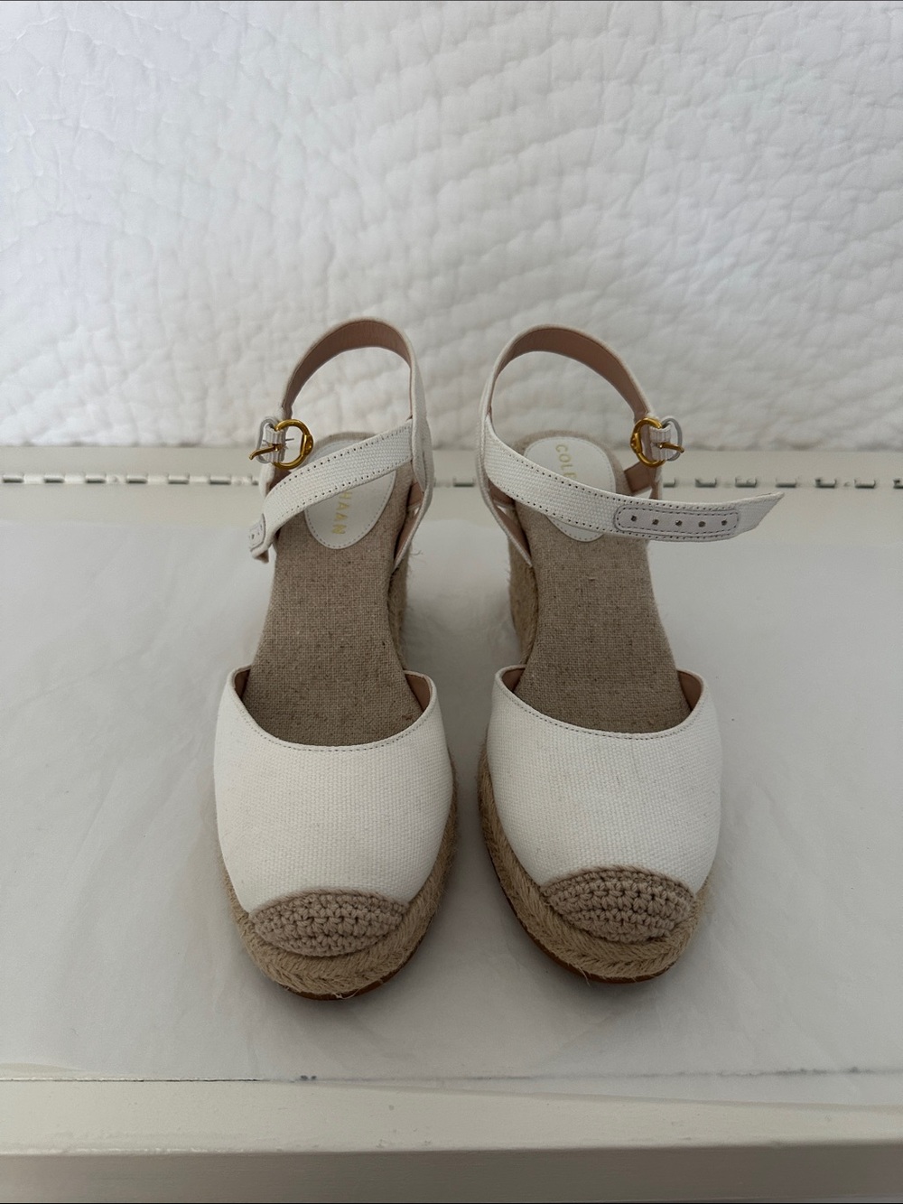 Cole Haan White Espadrille Wedge Sandals with Ankle Buckle